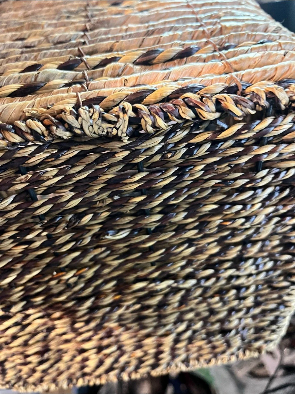 Woven Seagrass Storage Basket with Decorative Black Metal Rim